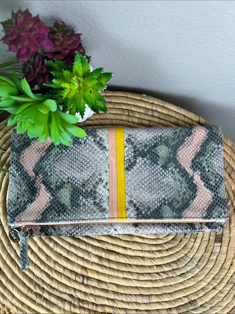 Clare V Clutch Snakeskin Fold Over Zippered Pink Gray Gold